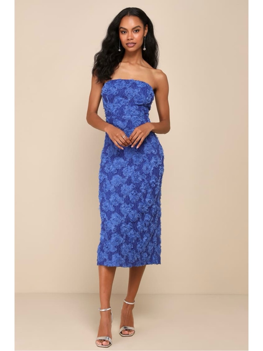 Lulus Flawless Perfection Blue Floral Applique Strapless Midi Dress Sz S NWT New